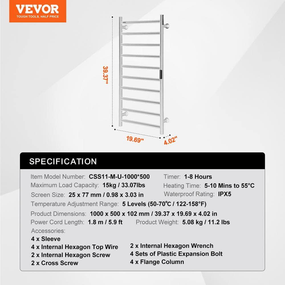 VEVOR 10 Bars Towel Warmer Rack, Wall Mounted Heated Towel Rack for Bathroom, IPX5 Waterpoof Towel Heater Rack with Timer & Display Screen, Silver