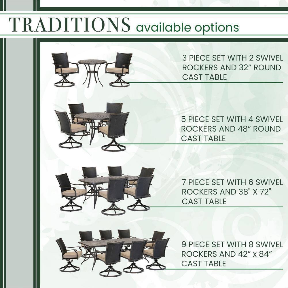 Hanover Traditions 3-Piece Outdoor Furniture Patio Bistro Set, 2 Cushioned Wicker Aluminum Swivel Rocker Chairs and 32" Round Cast Table, Natural Oat