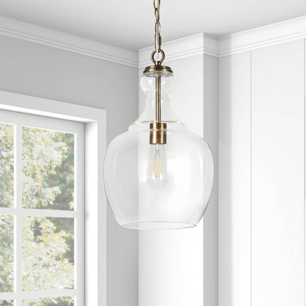Evelyn&Zoe 11" Brass Metal/Glass Pendant
