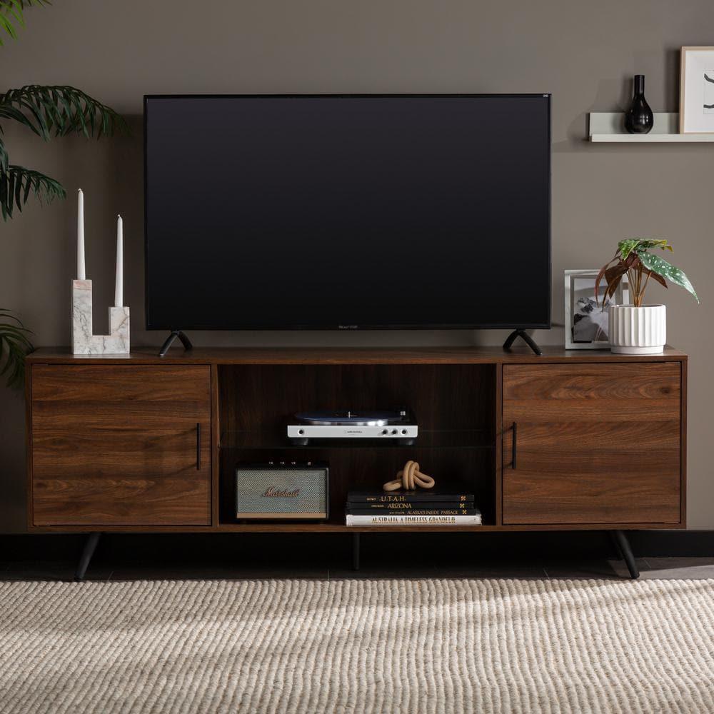 70" Dark Walnut Mid-Century Modern TV Stand with Cabinet
