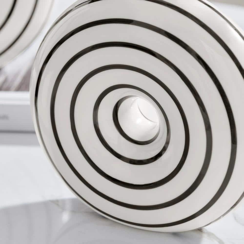 Danya B. Etta Two Piece Glossy Ceramic Black and White Striped Round Hollow Circle Donut Vase Set