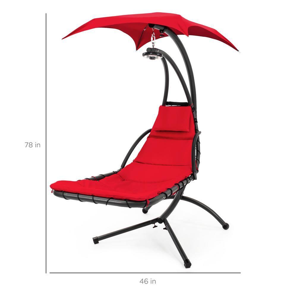 Best Choice Products Hanging LED-Lit Curved Chaise Lounge Chair for Backyard, Patio w/ Pillow, Canopy, Stand - Red