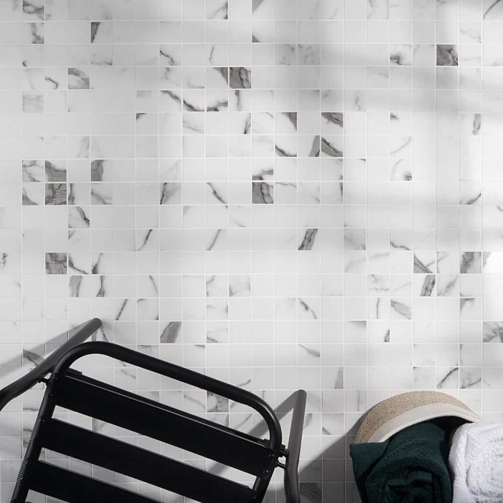 Saroshi Statuario Valley 11.81 in. x 11.81 in. Matte Porcelain Floor and Wall Mosaic Tile (0.96 sq. ft./Each)