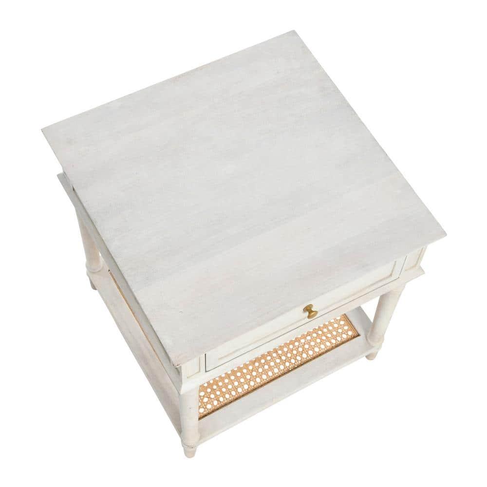 Creative Co-Op Maxwelton Solid Wood End Table with Drawer and Woven Cane Storage Shelf, Distressed White and Natural