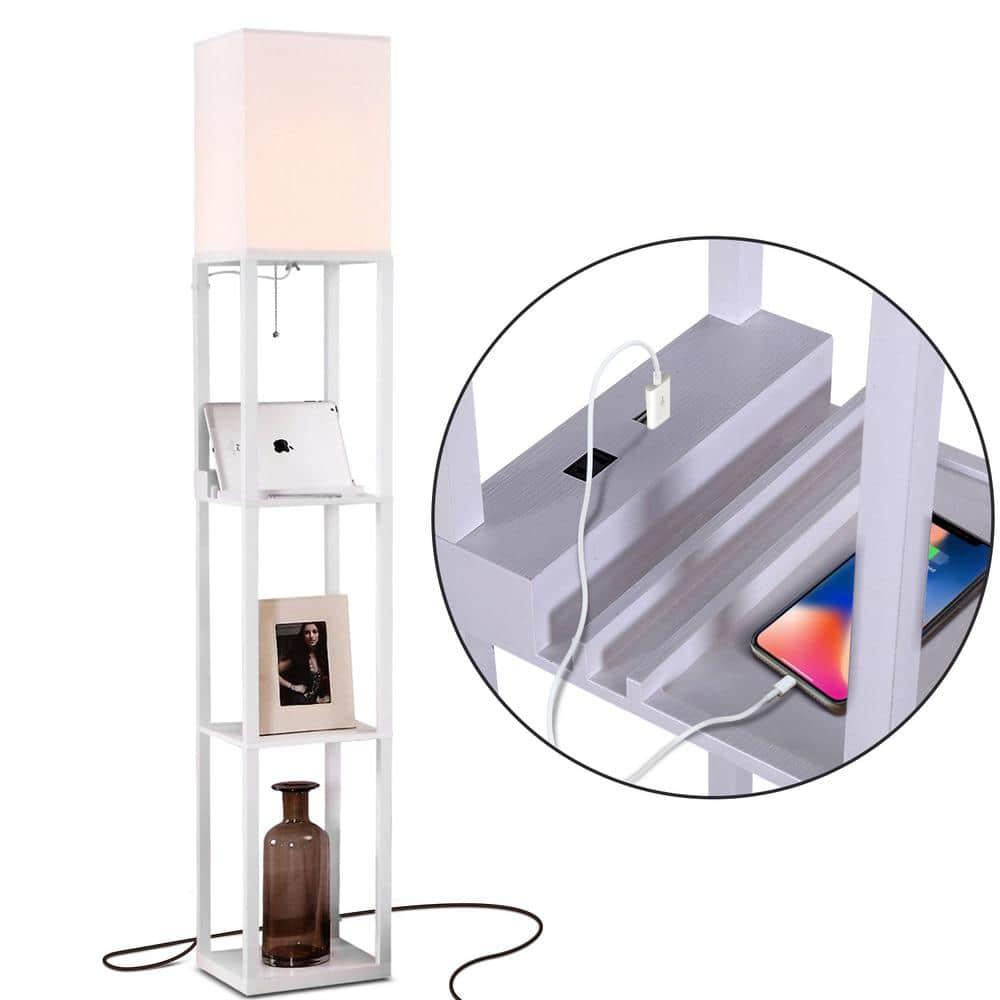 Brightech Maxwell 63 in. 3-Shelf USB-Charging LED Floor Lamp with Fabric Square Shade