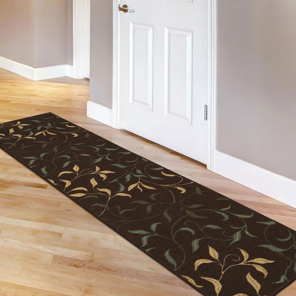 Ottohome Non-Slip Leaves Area Rug For Living Room, Hallway Runner, Entryway Rug, Brown