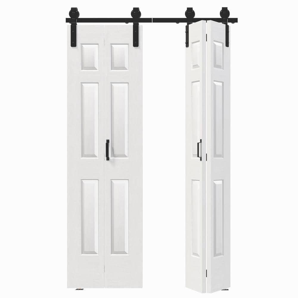 48"（24" x2） x 84" Bi-Folding Barn Door, 6-Panel with Sliding Hardware Kit Set, Pre-drilled Closet Door Slab, 4.3FT Track for 4 Finished Doors, MDF, White
