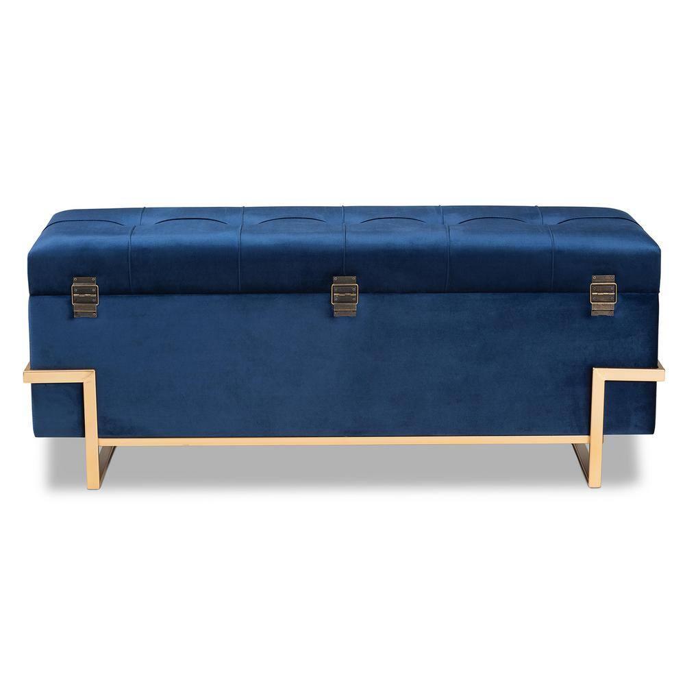 Parker Velvet Upholstered and Metal Storage Ottoman Blue/Gold - Baxton Studio: Rectangular Bench with Bow Pattern