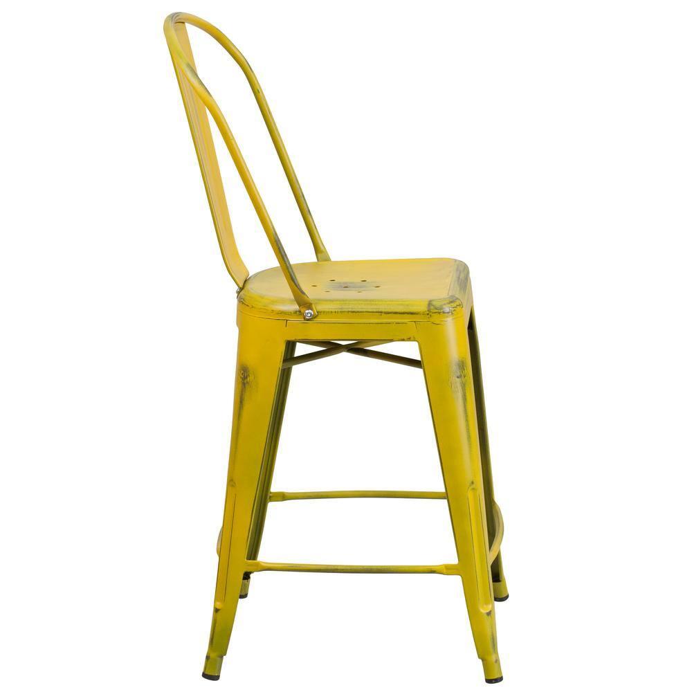 Flash Furniture Commercial Grade 24" High Distressed Yellow Metal Indoor-Outdoor Counter Height Stool with Back
