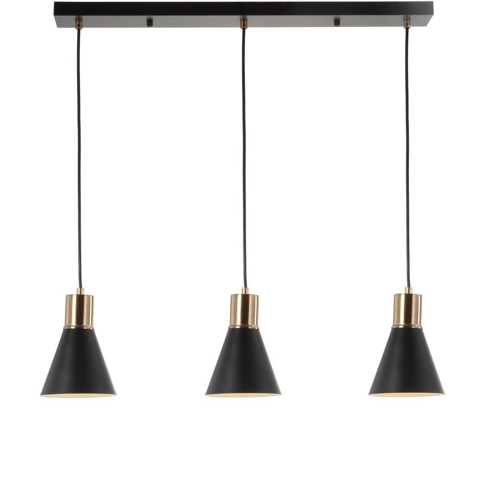 Apollo 33.5" 3-Light Mid-Century Modern Iron Adjustable Linear LED Pendant, Black/Brass Gold