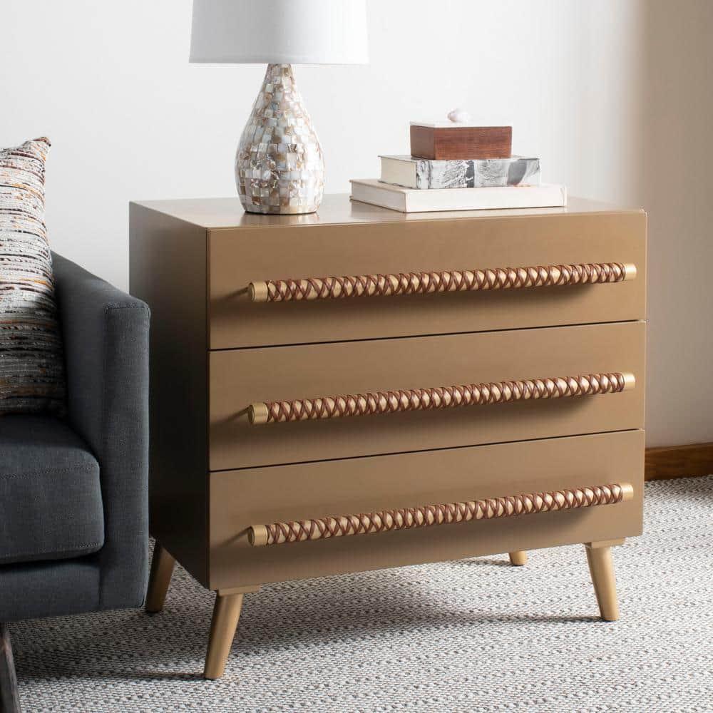 Raquel 3 Drawer Chest - Taupe/Gold/Brown Faux Leather - Safavieh.