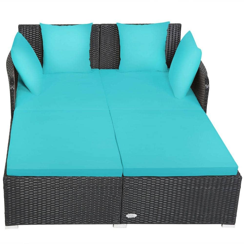 Costway Outdoor Patio Rattan Daybed Pillows Cushioned Sofa Furniture Turquoise