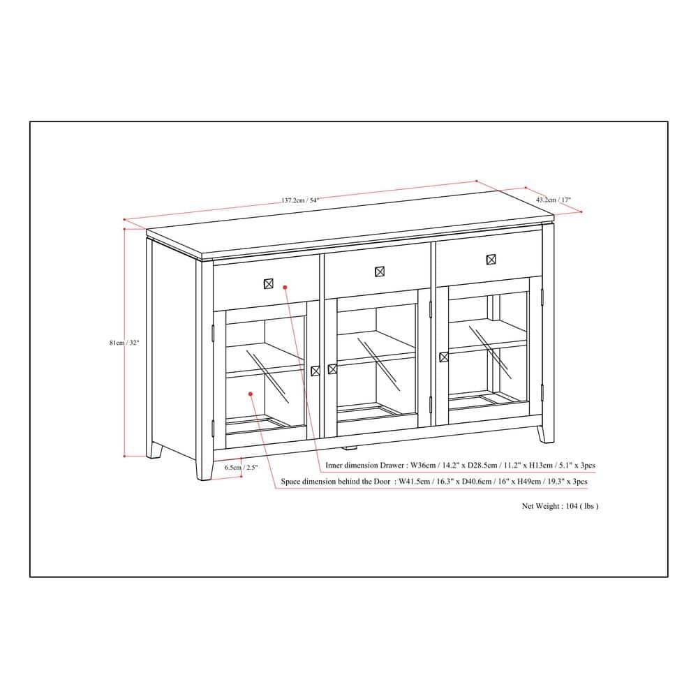 Simpli Home Cosmopolitan 54"W Solid Wood Contemporary 3-Door Sideboard Buffet with 3 Drawers