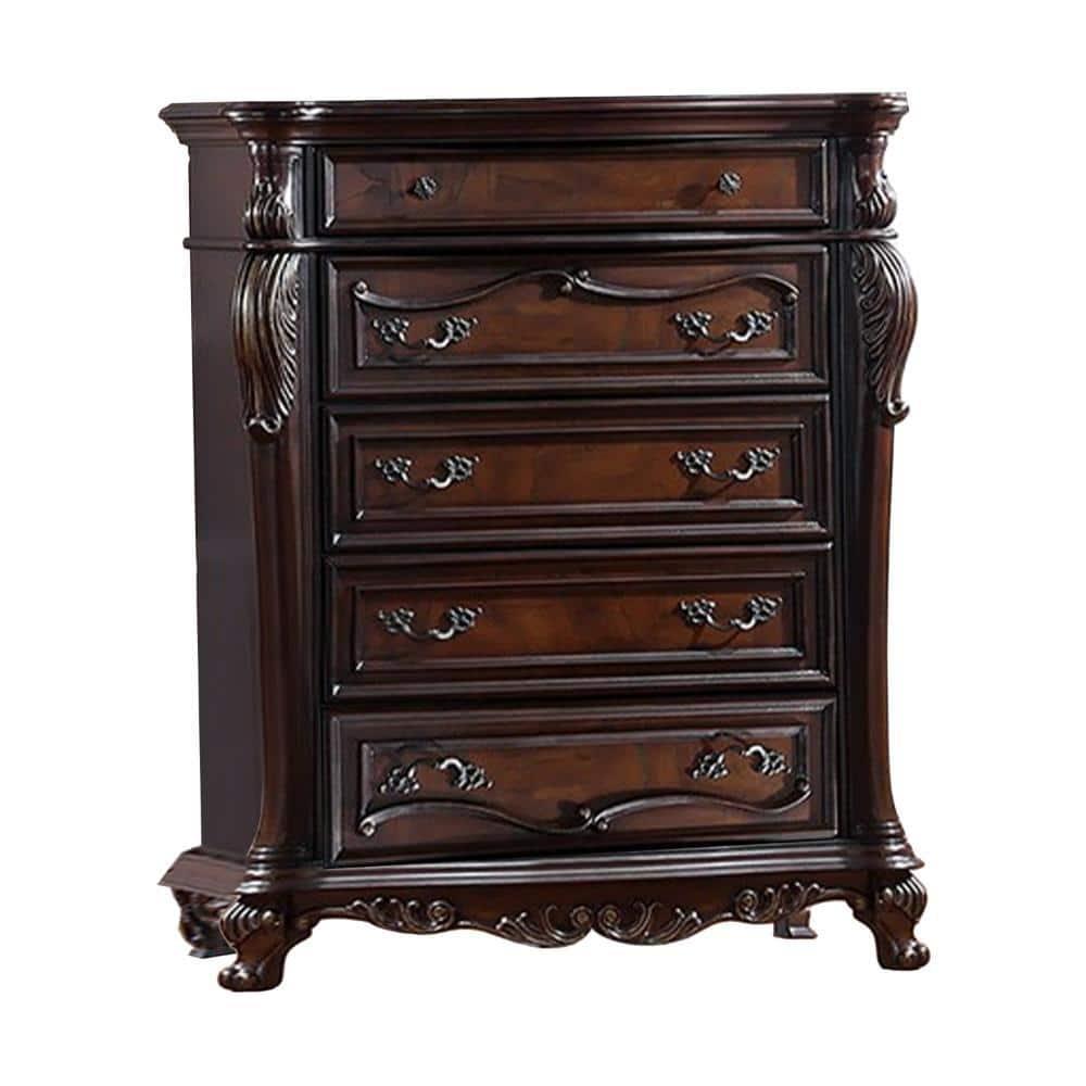 Benjara Venta Tall Dresser Chest, 5 Drawers, Carved Details Cherry Brown Solid Wood | Wayfair