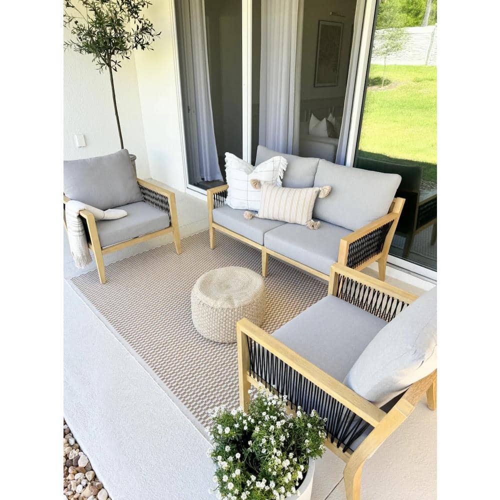 Nathan James 3pc Freya Bohemian Wood Outdoor Patio Conversation Set: Acacia Frame, UV-Resistant