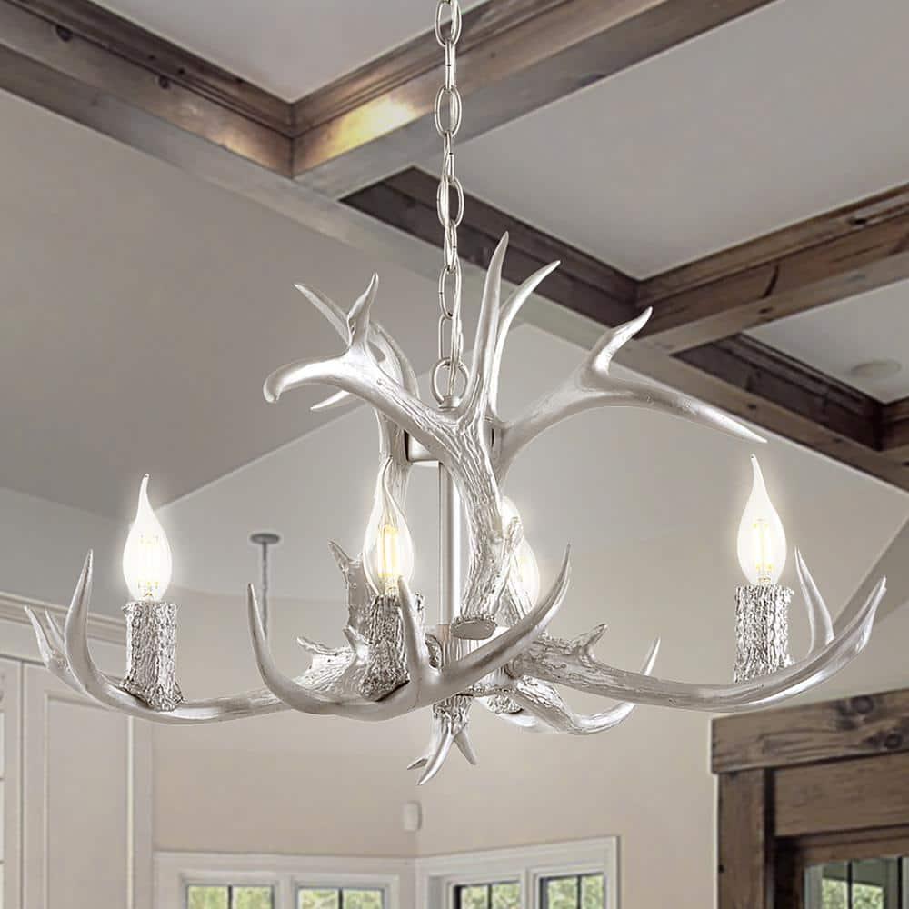 JONATHAN Y JYL6301C Eldora 26" Adjustable Resin Antler 4-Light LED Chandelier, Farmhouse, Glam, Transitional, Rustic, Cottage for living room, dinning room, bedroom, office Bulb Included, Silver