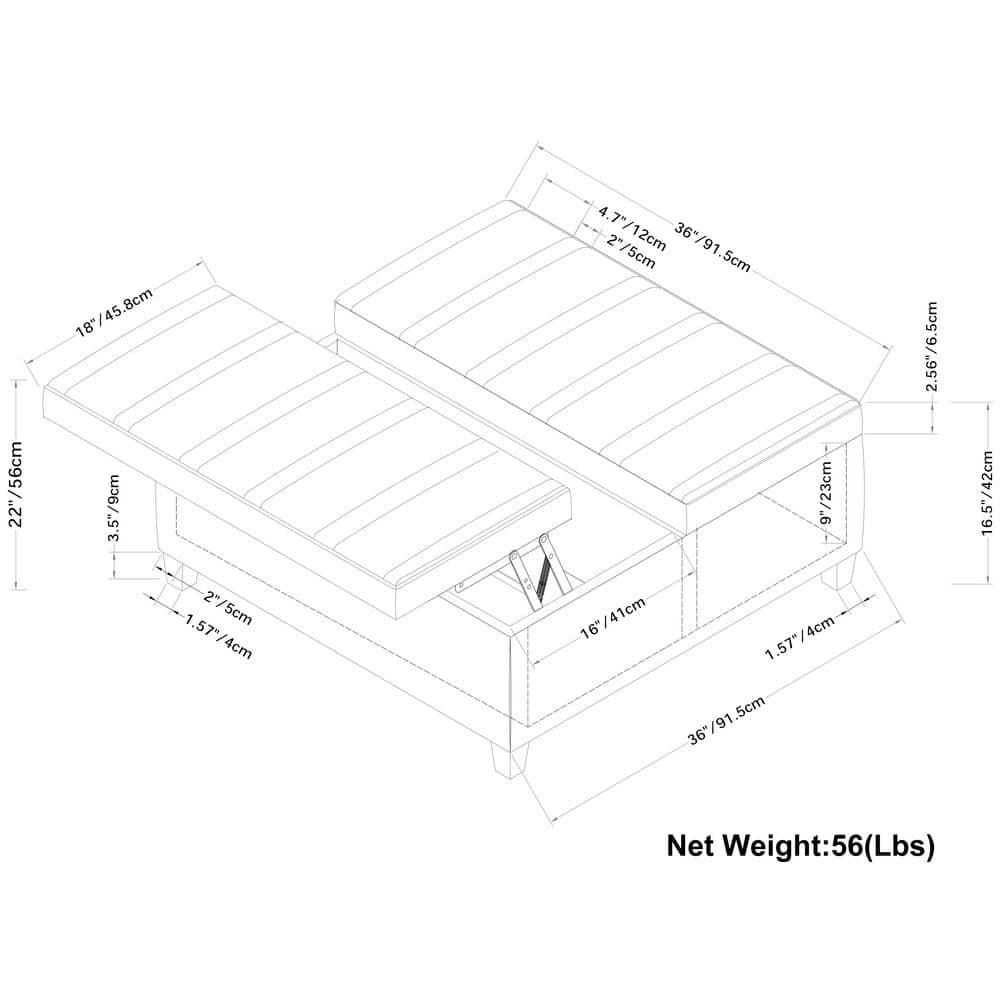 Simpli Home Ellis 36"W Upholstered Square Coffee Table Storage Ottoman with Split Lift Top