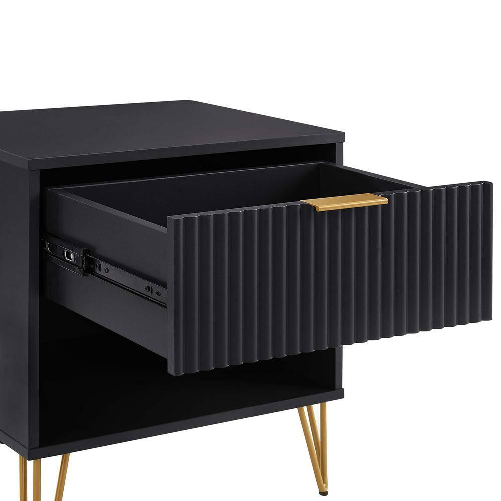 Manhattan Comfort Dumbo Nightstand with Drawer Black: Modern Design, Splayed Metal Legs, Soft Close Storage