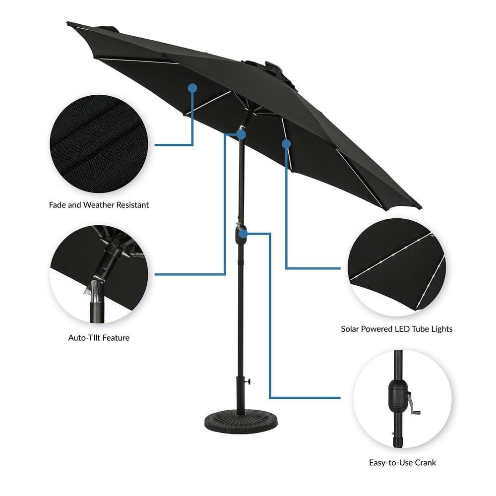 9' x 9' Mirage II Fiesta Market Patio Umbrella with Solar LED Tube Lights Black - Island Umbrella: Weatherproof, UV Protection, Crank Lift
