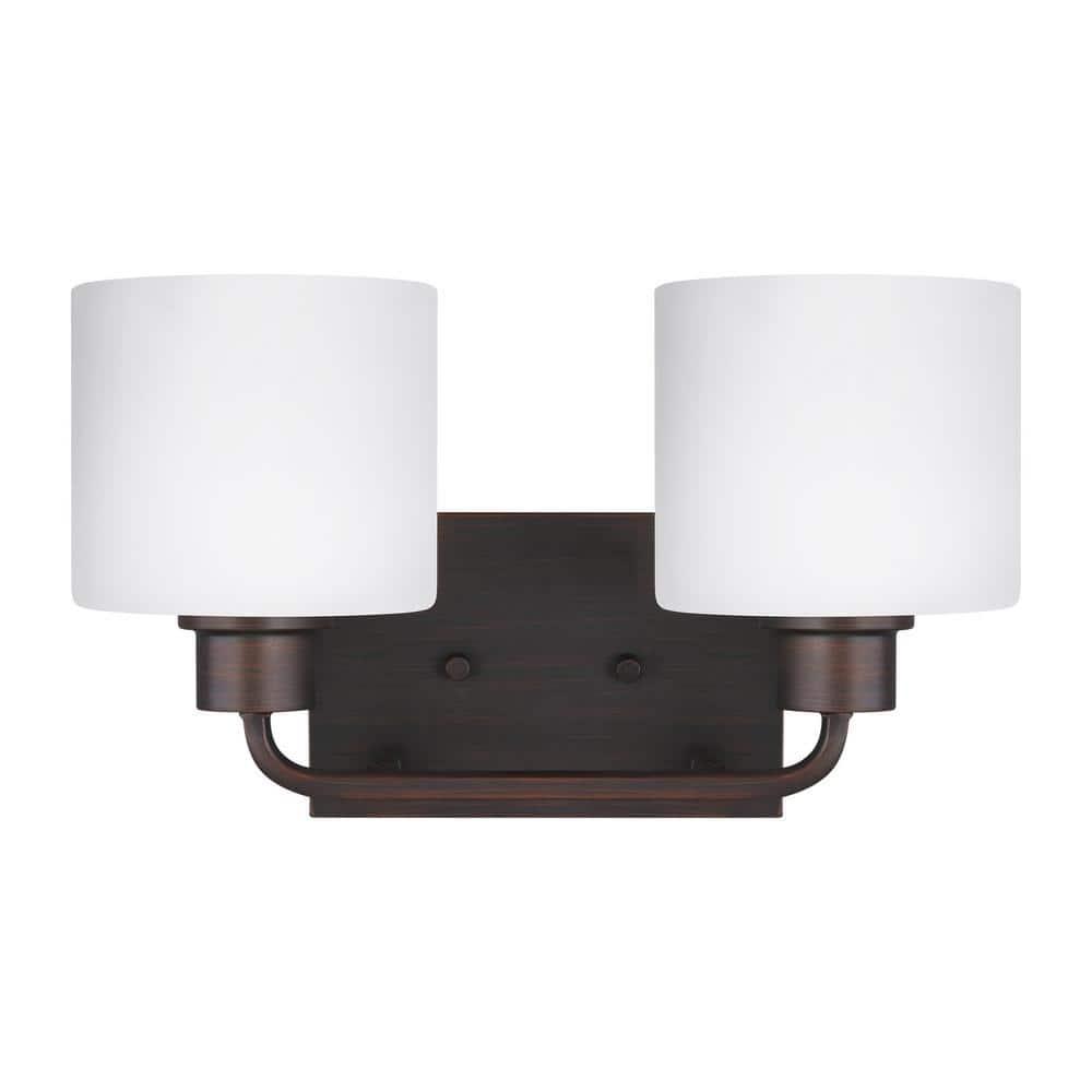 Canfield 14.25 in. 2-Light Burnt Sienna Minimalist Modern Wall Bathroom Vanity Light with Etched White Glass Shades