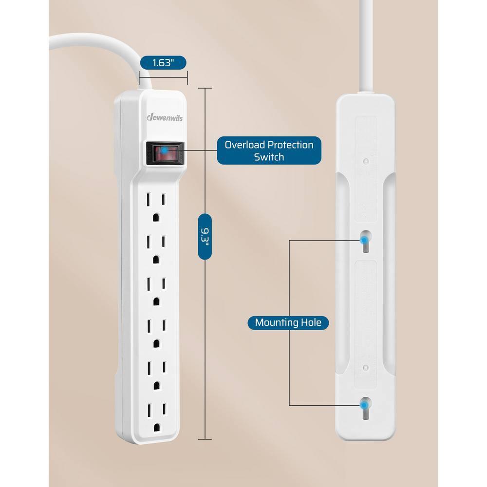 DEWENWILS 6-Outlet Power Strip Surge Protector, 15ft. Extra Long Extension Cord, 500 Joules, Flat Plug, White