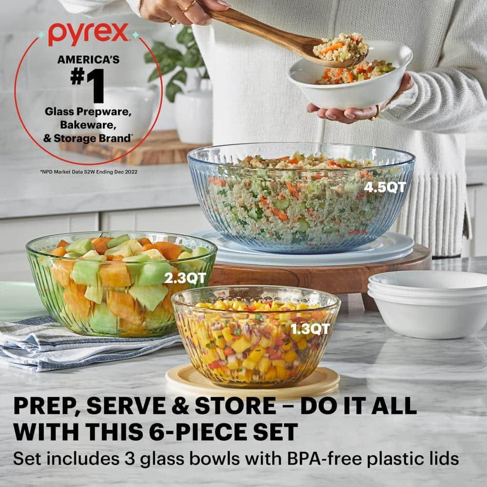 Pyrex® Sculpted Tinted 6pc Lidded Mixing Bowl Set: Glass Bowls with Lids, Dishwasher-Safe, Multicolored