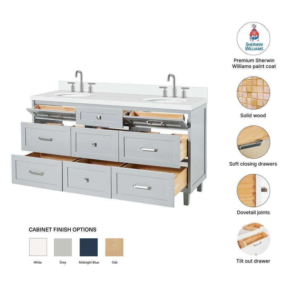 Ariel Bath Ariel Monrow 67 Inch Double Oval Sink Bathroom Vanity With Pure White Quartz Countertop