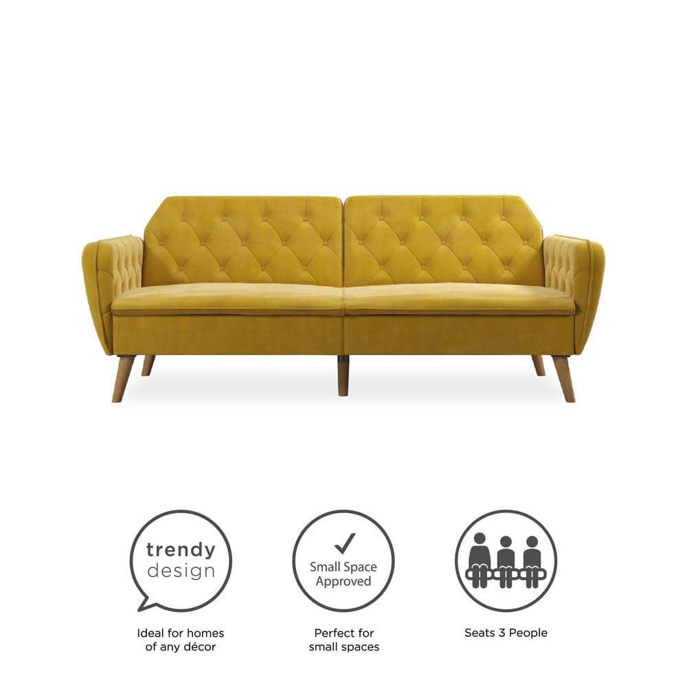 Tallulah Memory Foam Futon and Sofa Bed Mustard Yellow - Novogratz: Velvet Upholstery, Split-Back Design, Wooden Legs