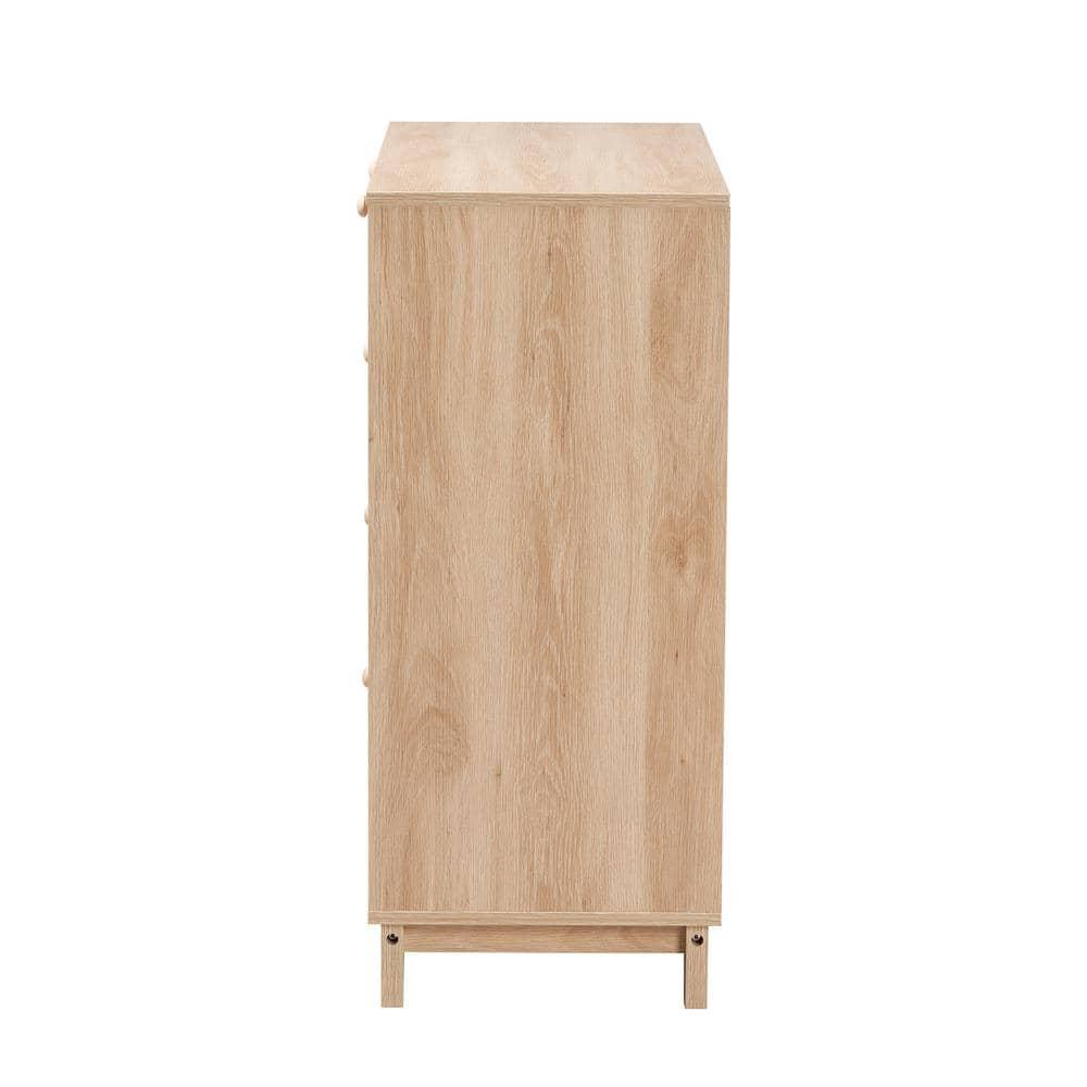 Elsbeth Wood and Natural Rattan 5 Drawer Storage Cabinet Oak Brown/Natural Brown - Baxton Studio
