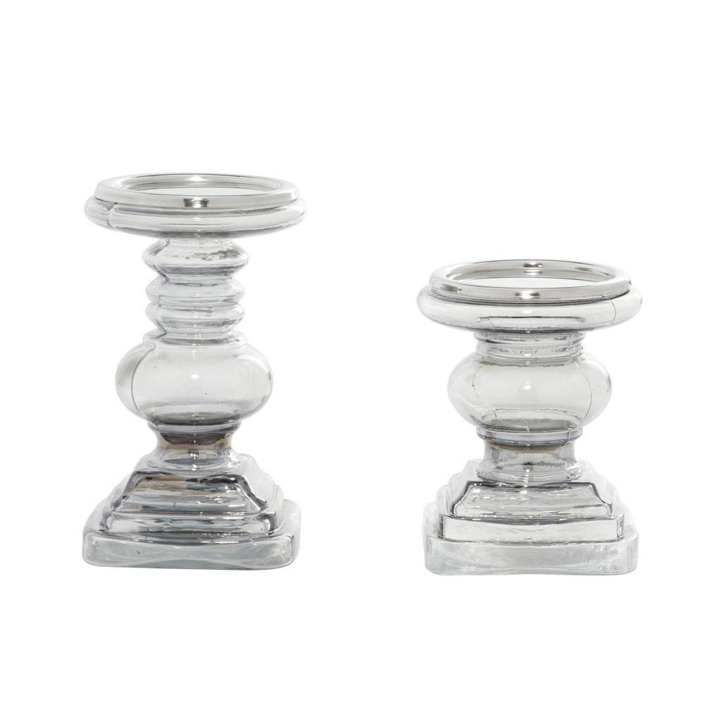 DecMode 2 Candle Silver Glass Handmade Turned Style Pillar Candle Holder, Set of 2
