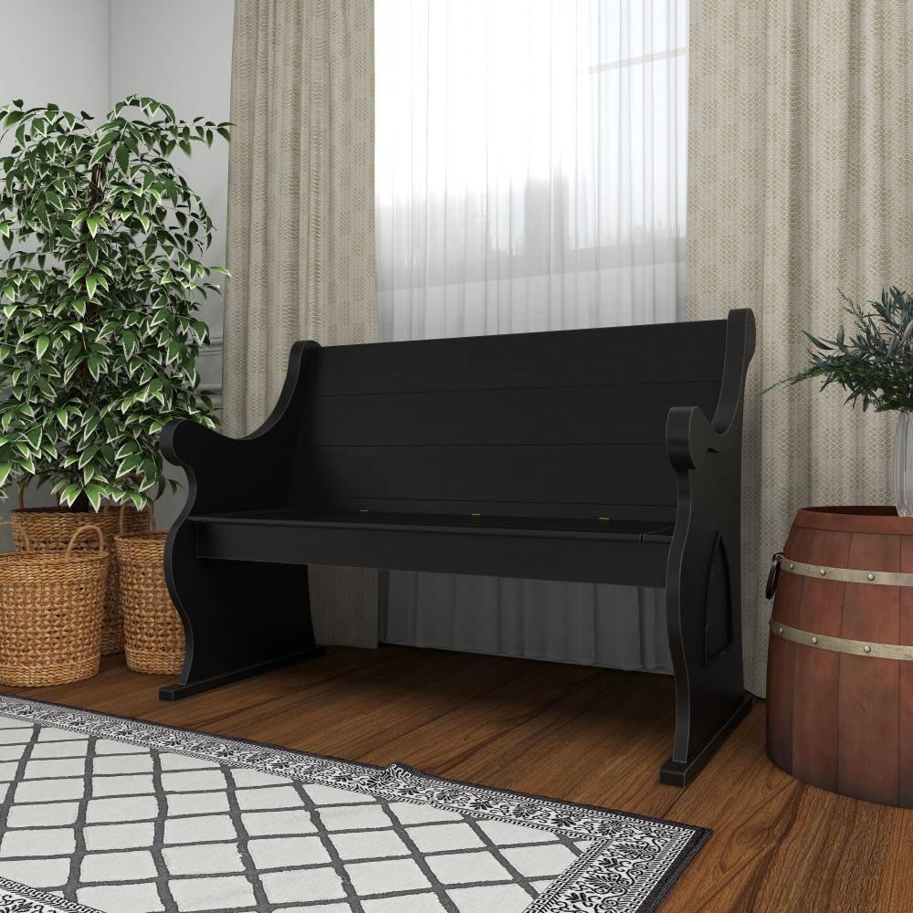 DecMode Wood Storage Bench with Scrolled Armrests, Black