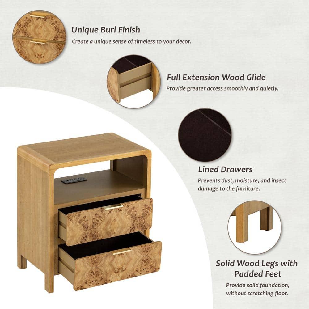 COZAYH Farmhouse 2 Drawer Home Bedroom Nightstand with Charging Station, Side Table with Power Outlet, USB and Type-C Ports, Burl Wood Finish, Natural