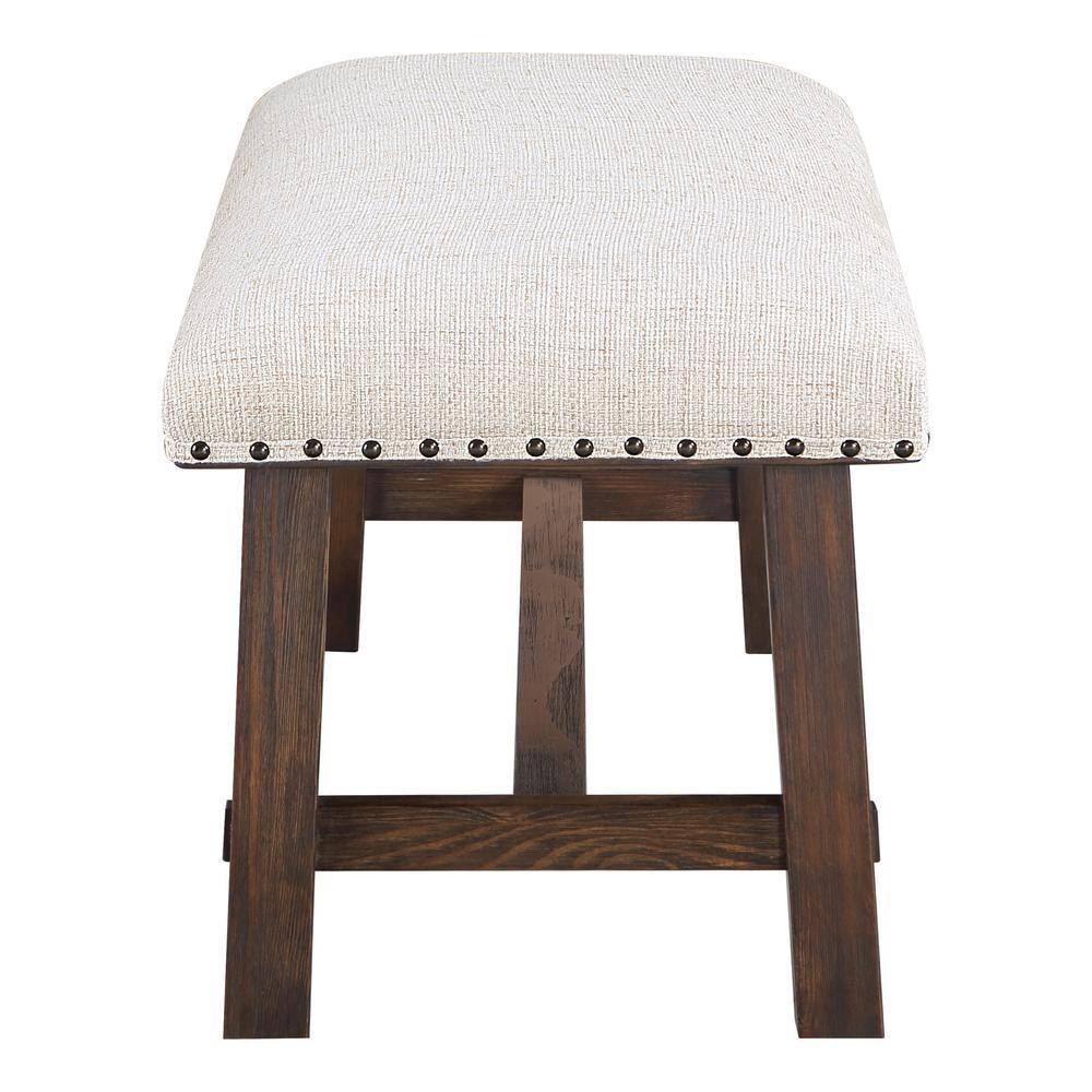 Callen Bench with Walnut Frame and Bronze Nailhead Trim in Linen White Fabric