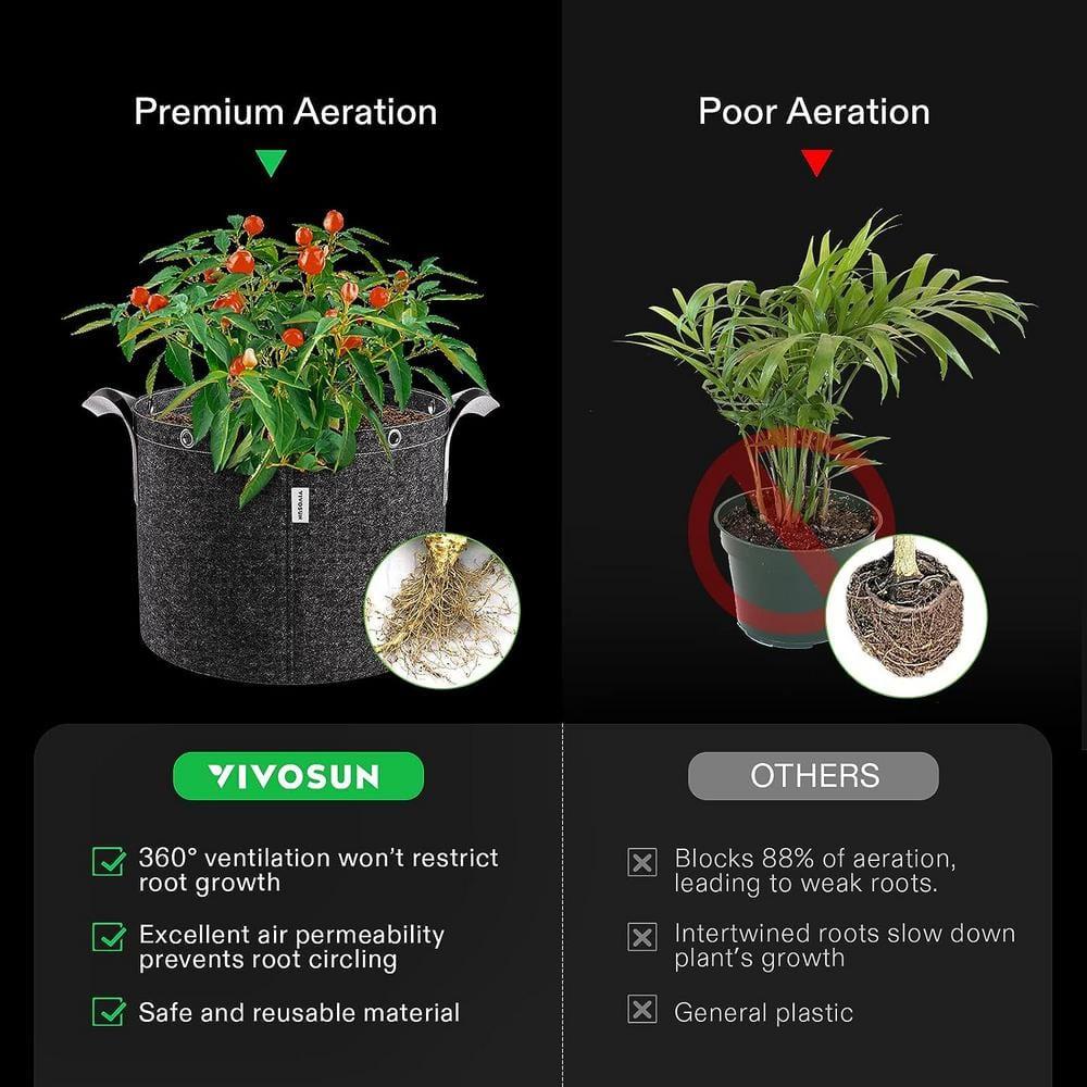 VIVOSUN 5-Pack 3 Gallon Grow Bags, 500G Thick Nonwoven Fabric Pots with Strap Handles, Multi-Purpose Rings, for Low Stress Plant Training Fruits, Vegetables, and Flowers