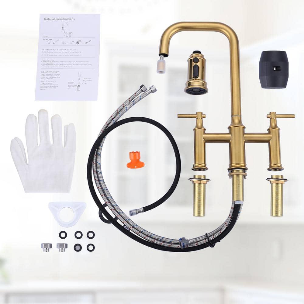 Double Handle Bridge Kitchen Faucet with Advanced Spray in Gold