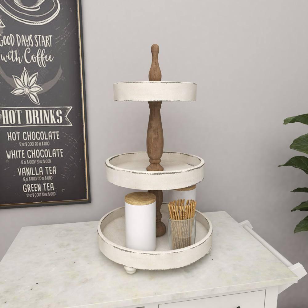 3 Tier Round Distressed Natural Wood Farmhouse Style Serving Trays - Olivia & May