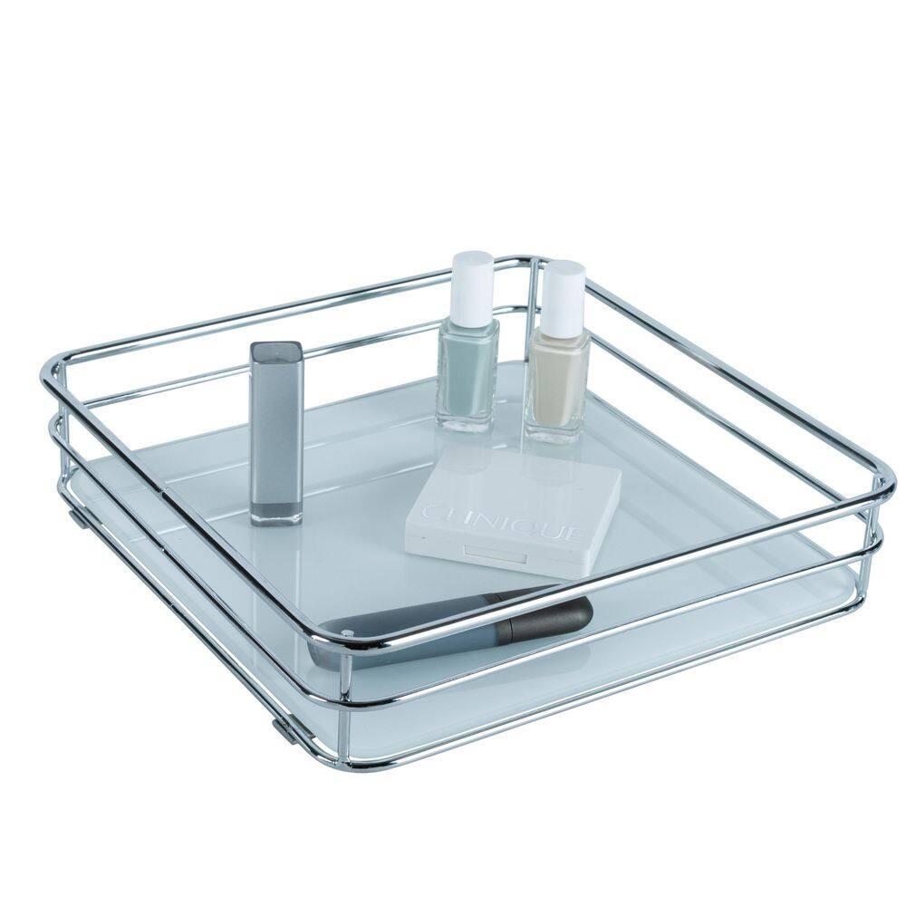 Square Vanity Tray with Glass Chrome - Elle Décor: Steel Bathroom Organizer, Perfume Display, Spot Clean