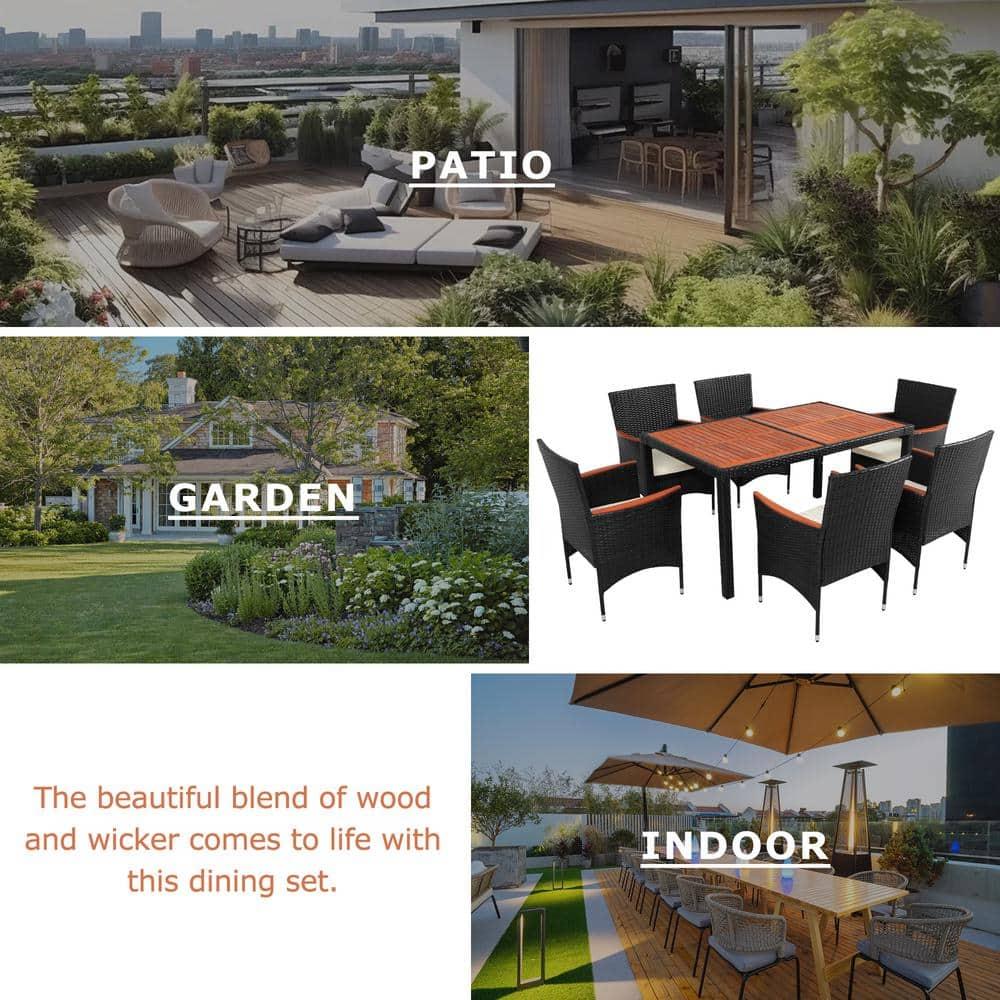 7 Piece Outdoor Patio Dining Set Indoor Outdoor Wicker Dining Furniture Set with Brown Rattan Dining Table and Chairs with Cushions, Reddish-brown Tabletop