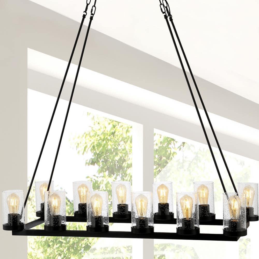 JONATHAN Y JYL7555A Coronet 45.5" 12-Light Seeded Glass/Iron Rustic Farmhouse Rectangular LED Candelier, Industrial, Vintage for living room, dinning room, bedroom Bulb Included, Oil Rubbed Bronze