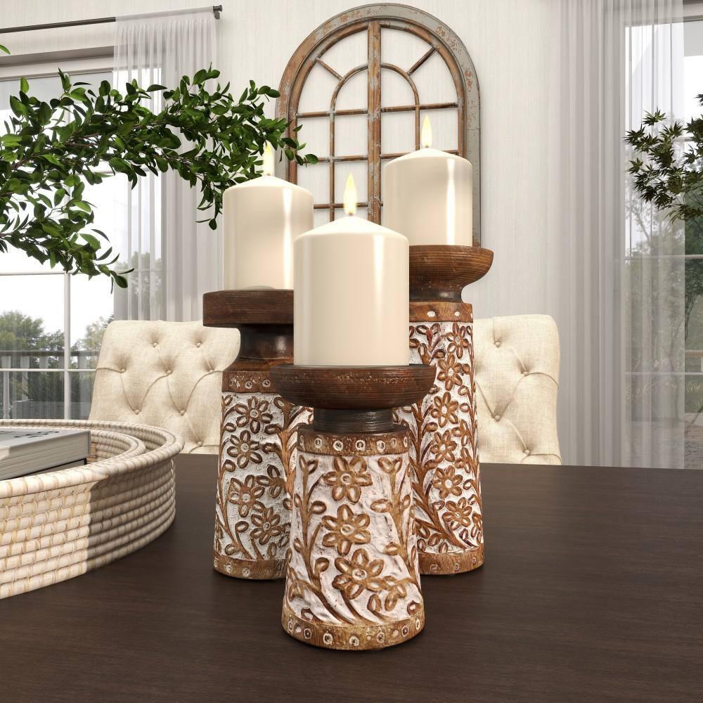 Gracie Oaks Mango Wood Floral Handmade Decorative Candle Holder Carved Pillar Candle Stand With Cream Accents, Set Of 3 Candlestick Holder 6", 8", 10"H, Brown