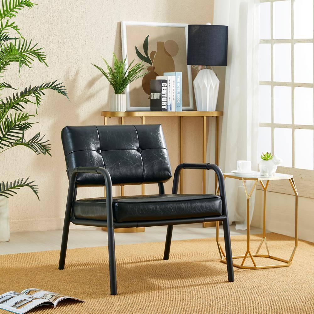Mid-Century Modern Leatherette Arm Accent Chair Frosted Black Metal Frame Black - Glitzhome