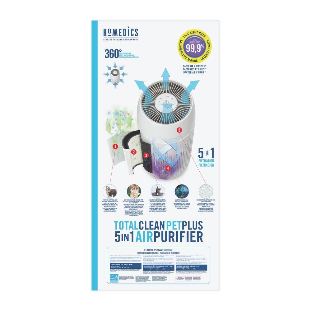 HoMedics PetPlus Large Room Air Purifier with UV-C Technology: Electric, 3 Settings, CARB Certified, 100-300 sq. ft.