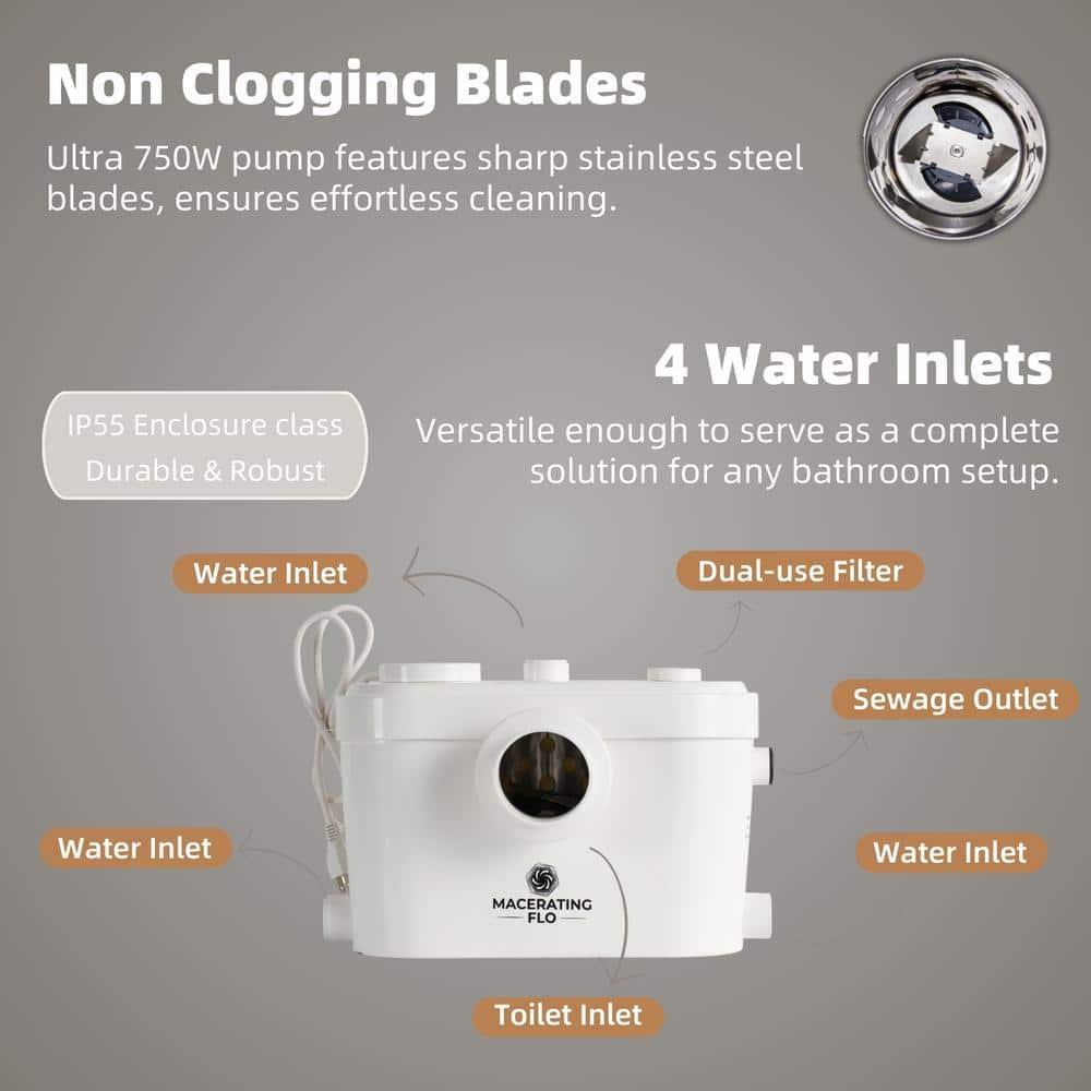 MaceratingFlo ARES 750W Upflush Toilet System, Elongated Bowl & 18" Comfort Height, 4-Inlet Ideal for Basements, Quiet & Efficient Macerator Pump Up to 36 Feet, Easy Installation