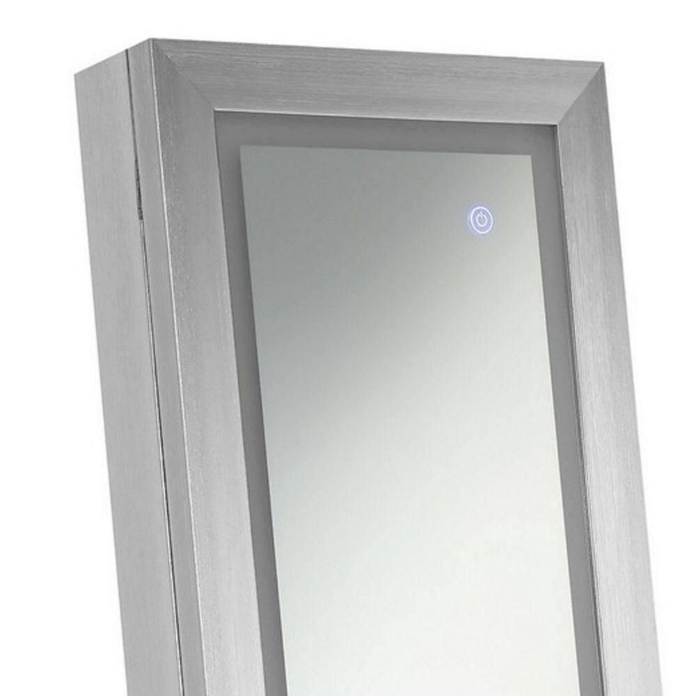 58 Inch Full Body Floor Cheval Mirror Jewelry Storage LED Silver - Saltoro Sherpi
