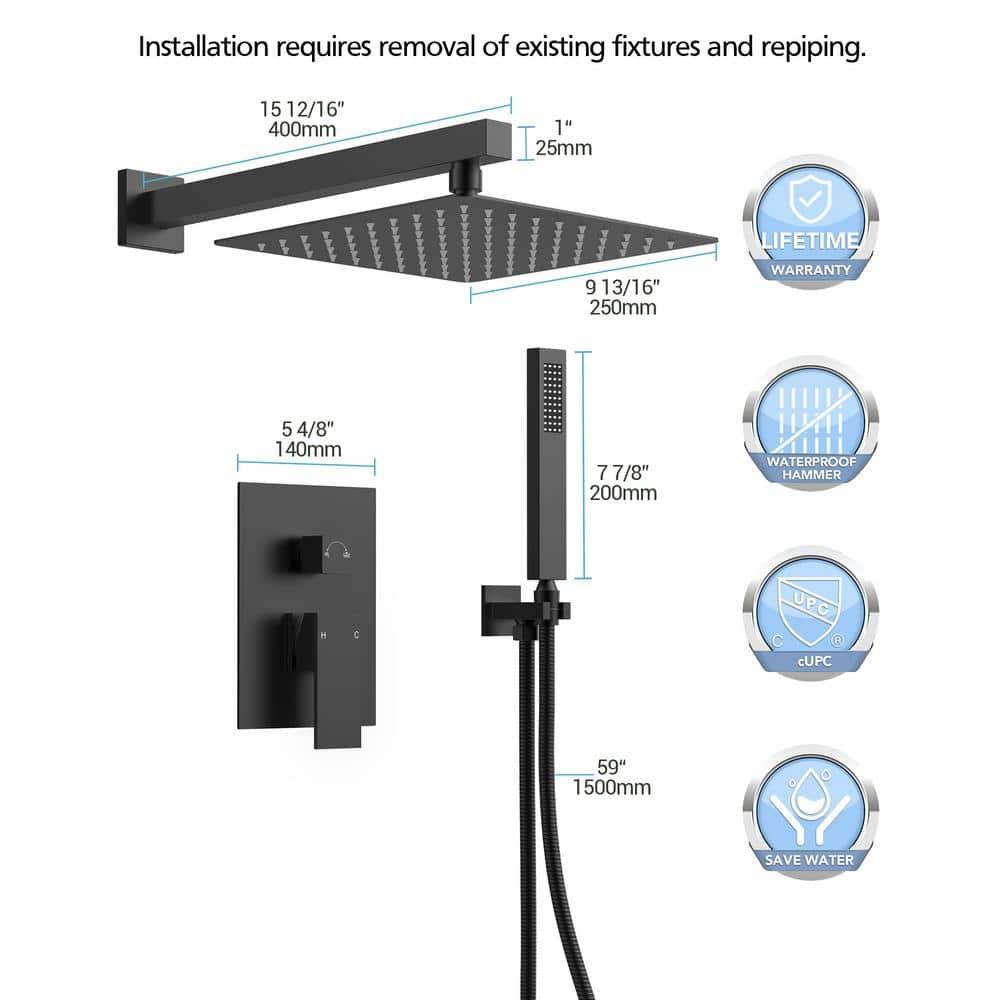 EVERSTEIN Shower Faucet Set 10 inch CUPC Shower System with Handheld Spray Wall Mounted Rain Shower Head Trim Kit with Upgraded Valve, Matte Black
