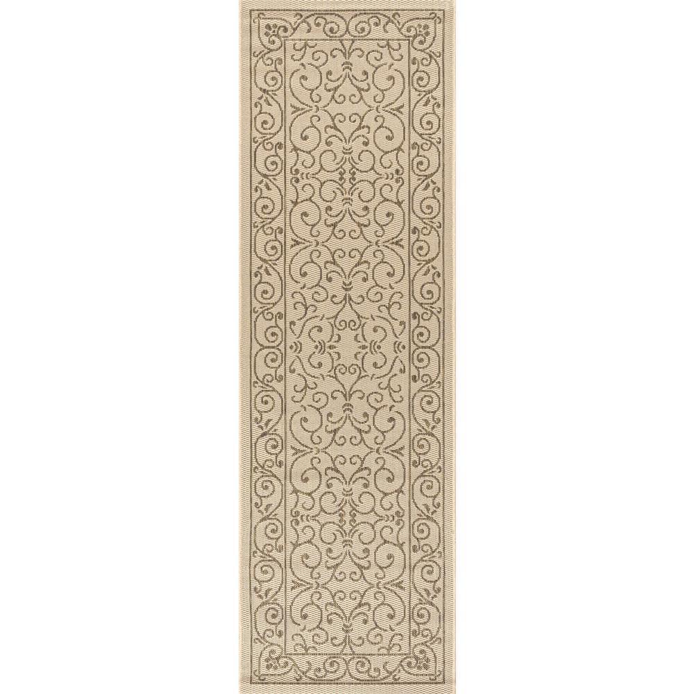 2' X 10' Charleston Vintage Filigree Textured Weave Indoor/Outdoor Runner Rug, Beige/Brown - JONATHAN Y