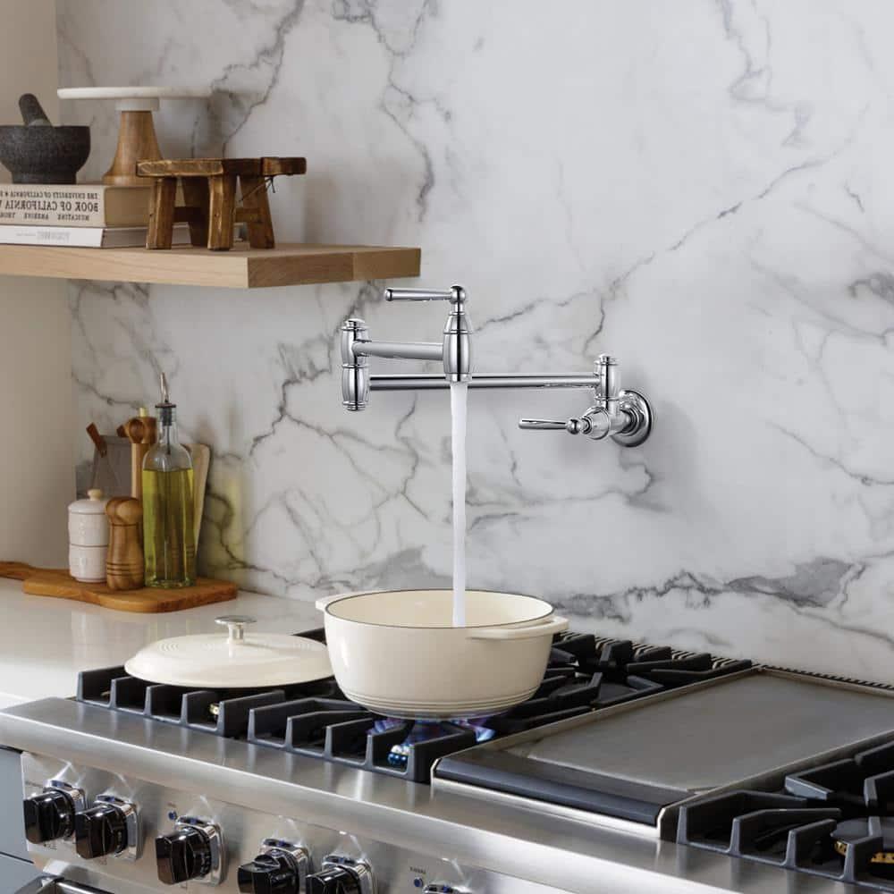 ARCORA ARCORA Wall Mounted Pot Filler Brass Folding Kitchen Faucet with 2 Handles AR7106800C