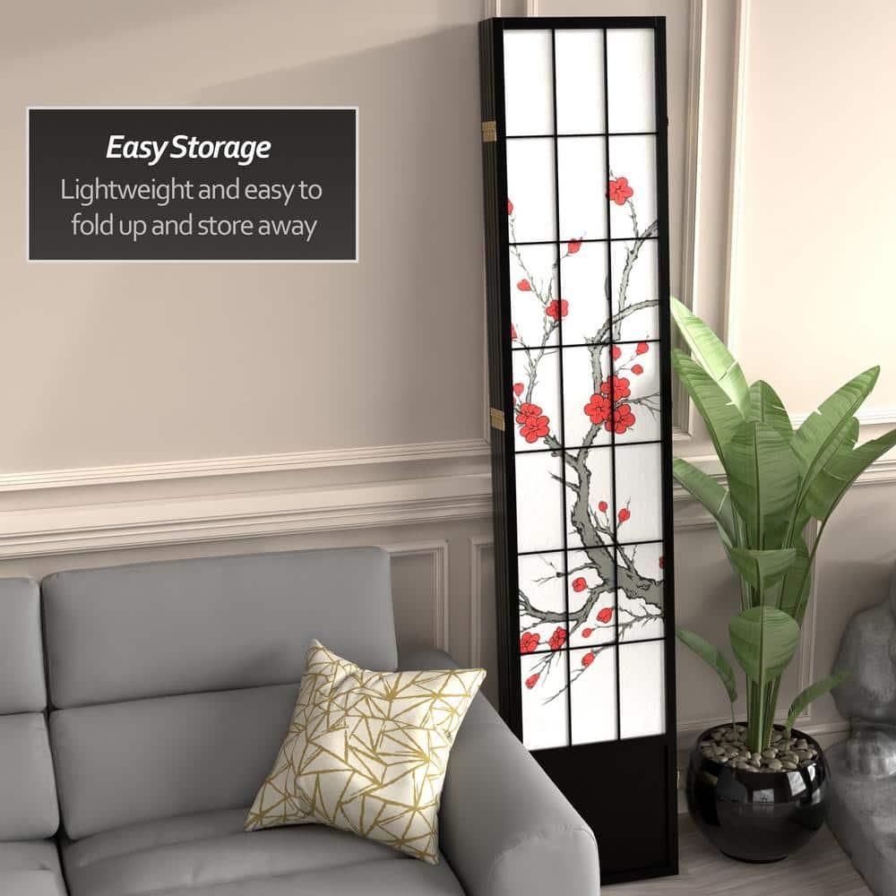83.5" Black Cherry Blossom Shoji Room Divider with 5 Panels