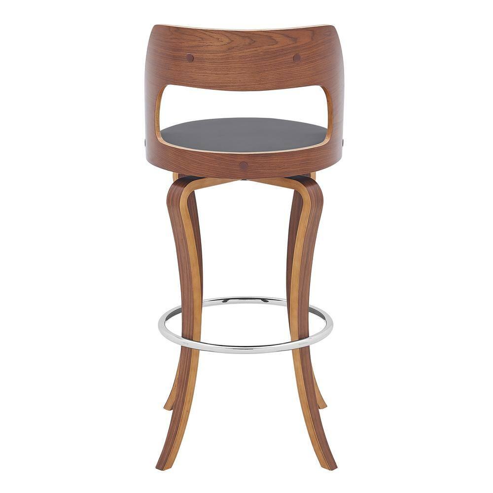 30 in. Grady Swivel Gray Faux Leather & Walnut Wood Bar Stool,