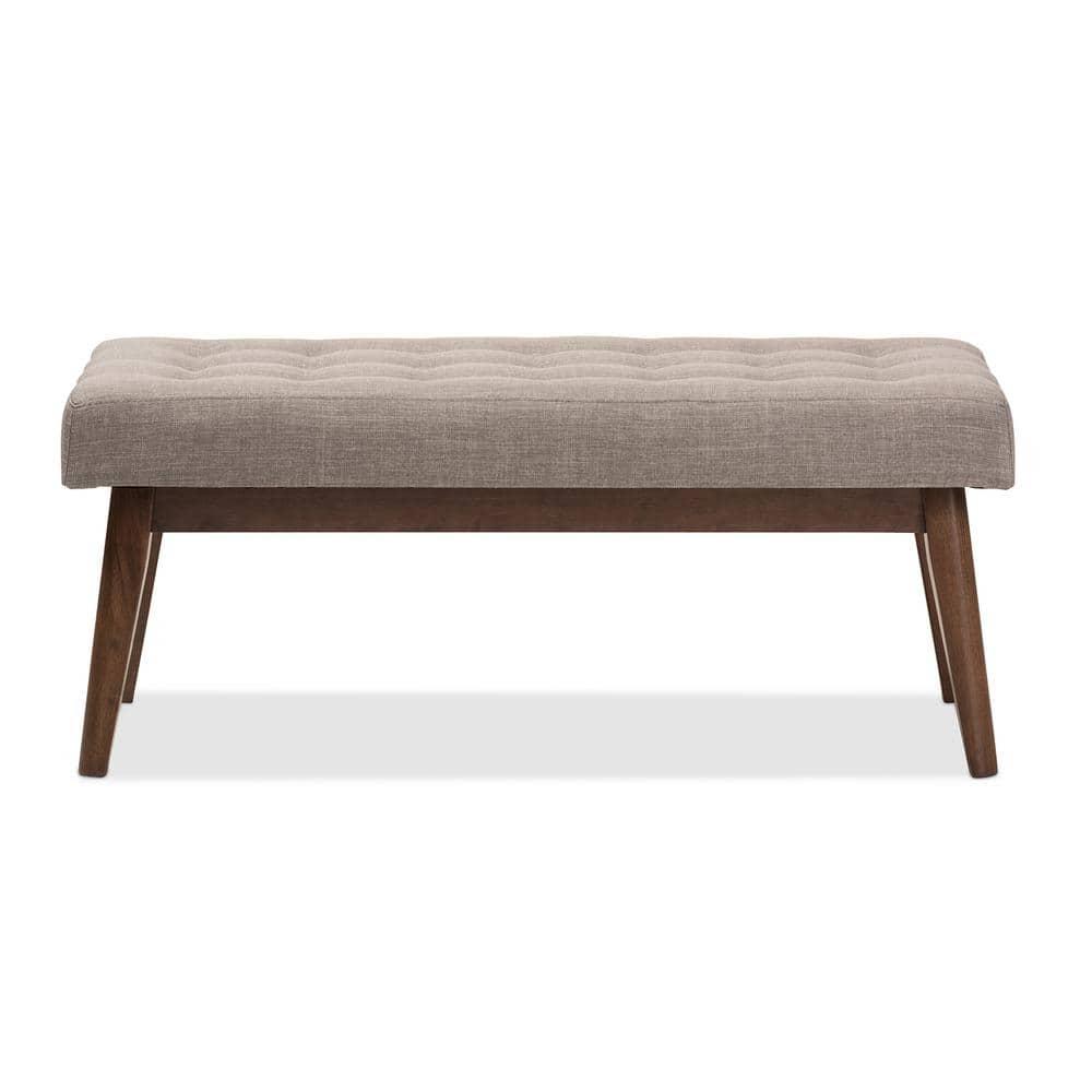 Elia Mid Century Modern Walnut Wood Fabric Button Tufted Bench Light Gray - Baxton Studio